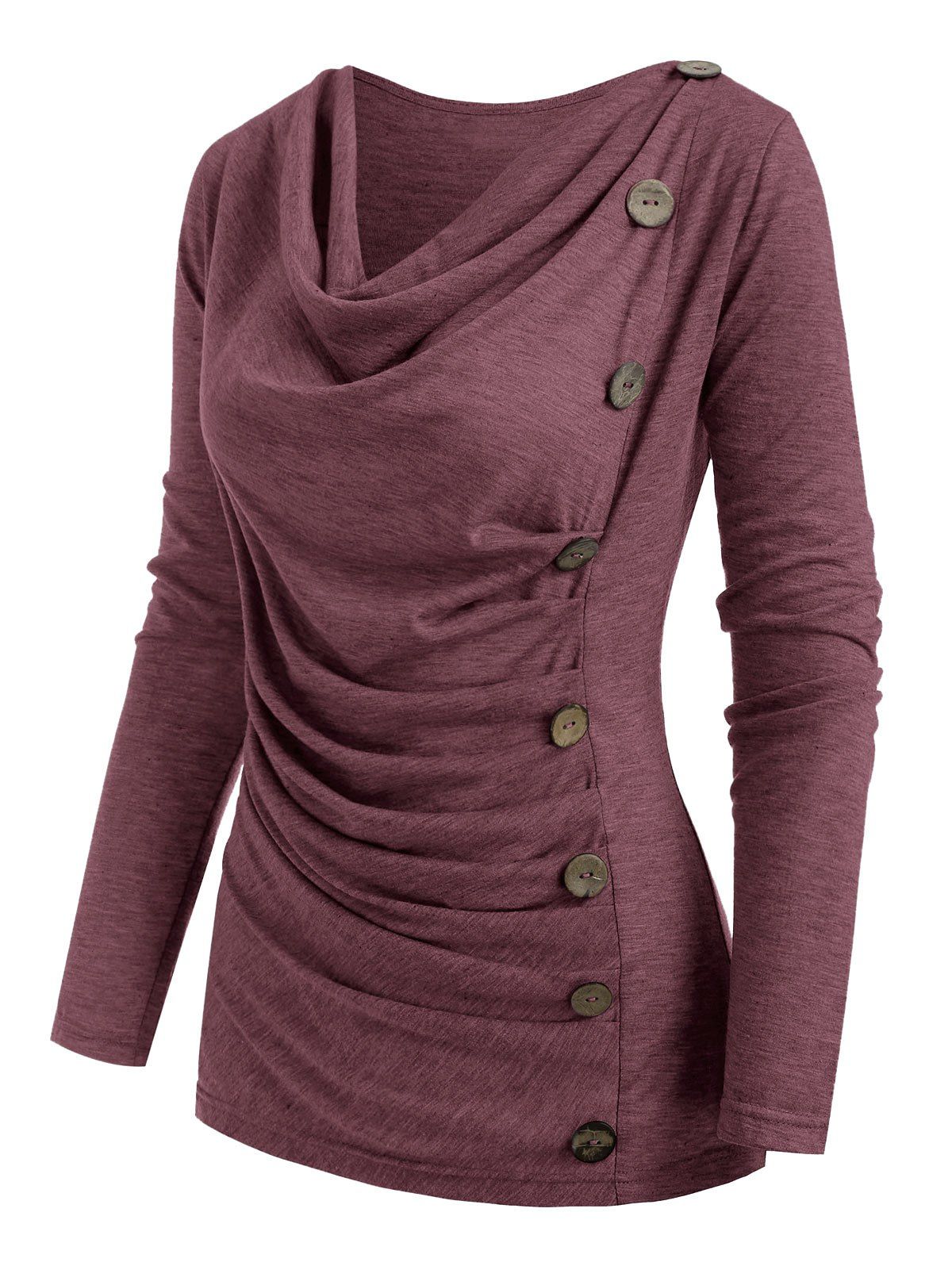 

Cowl Neck Heather Mock Button T-shirt, Chestnut red