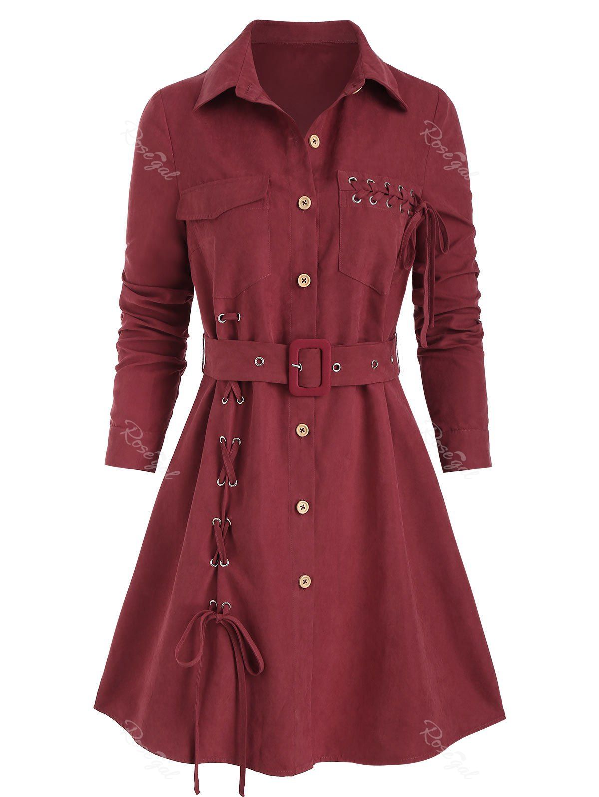 

Lace Up Belted Mini Shirt Dress, Red wine