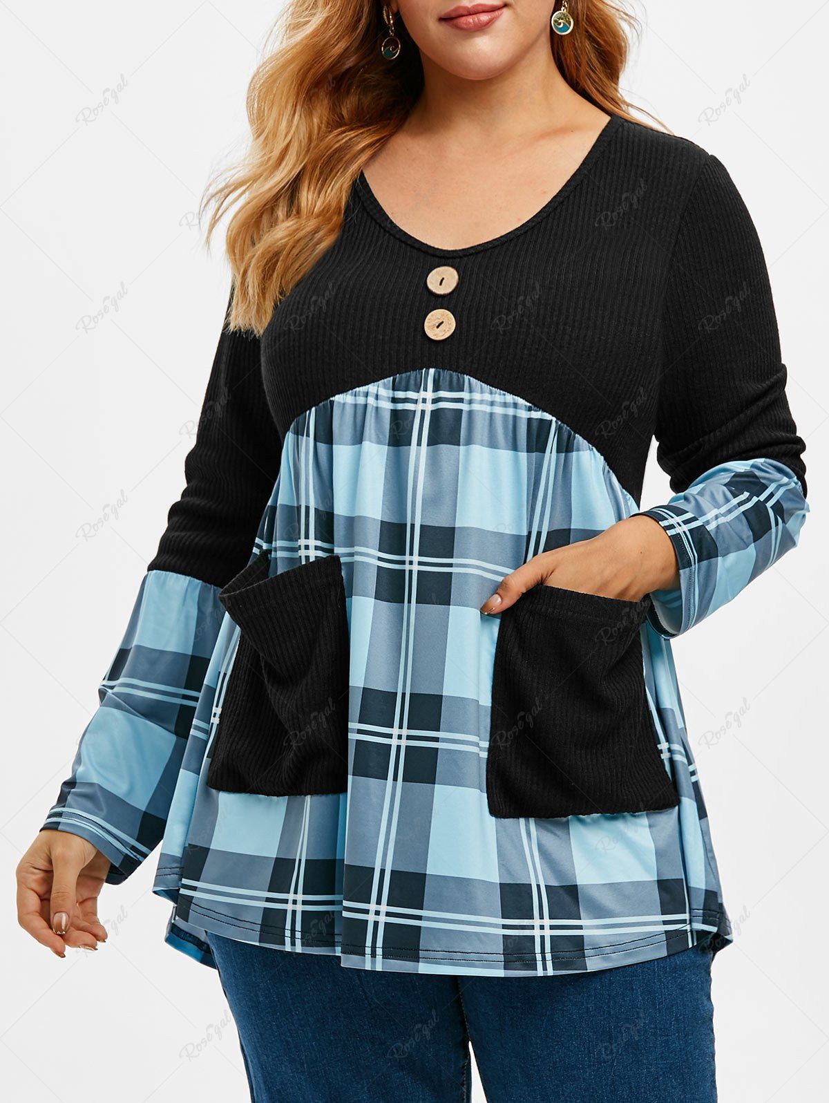 Online Ribbed Plaid V Neck Combo Plus Size Knitwear  