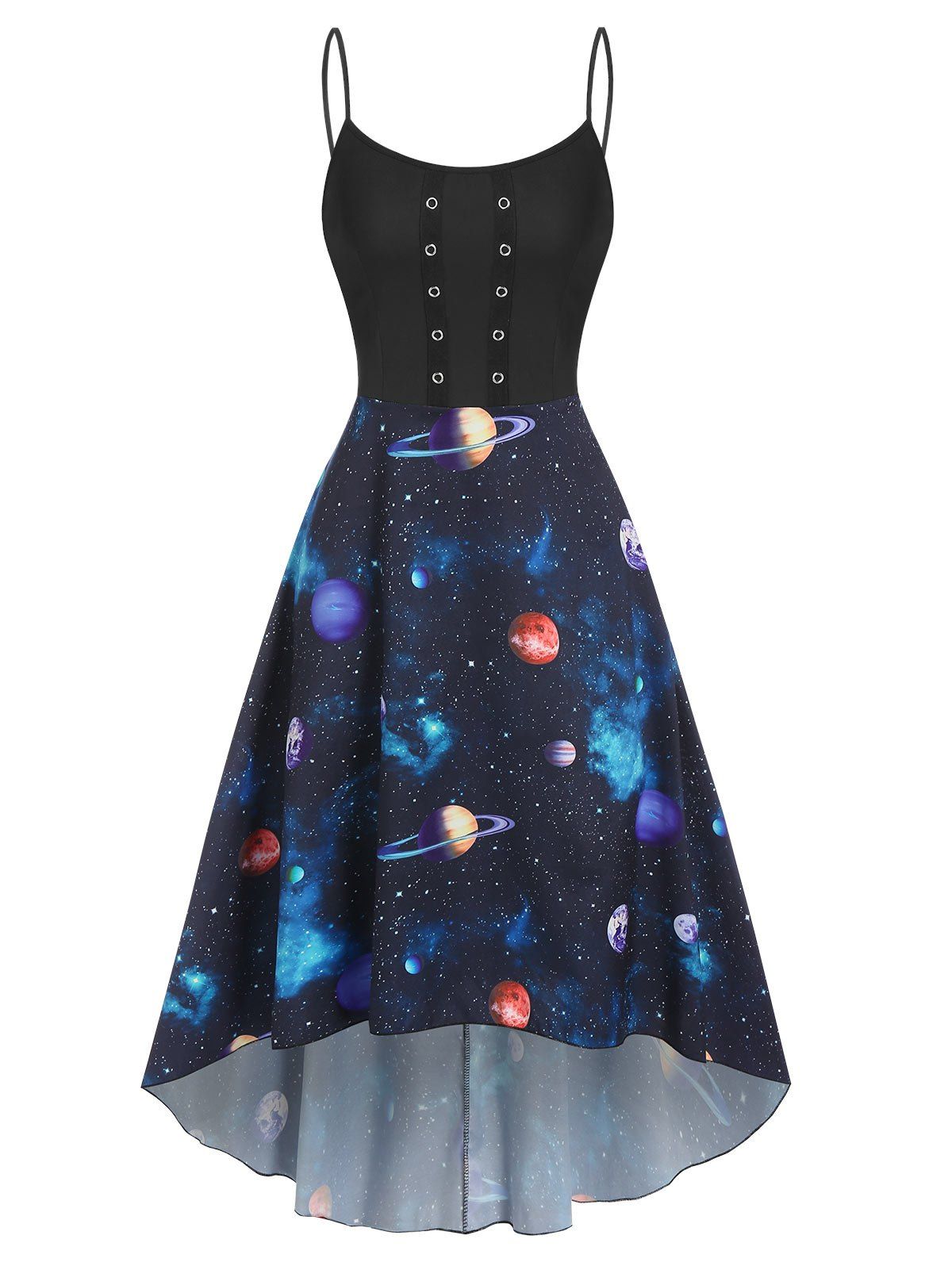 

Planet Starry Print Grommet Cami Dip Hem Dress, Black