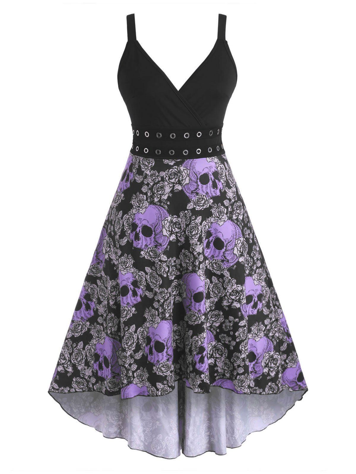 

Halloween Skull Floral Print Grommets High Low Dress, Black