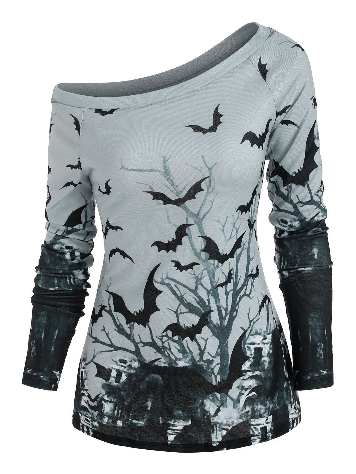 

Tree Bat Print One Shoulder Long Sleeve Knitwear, Light gray