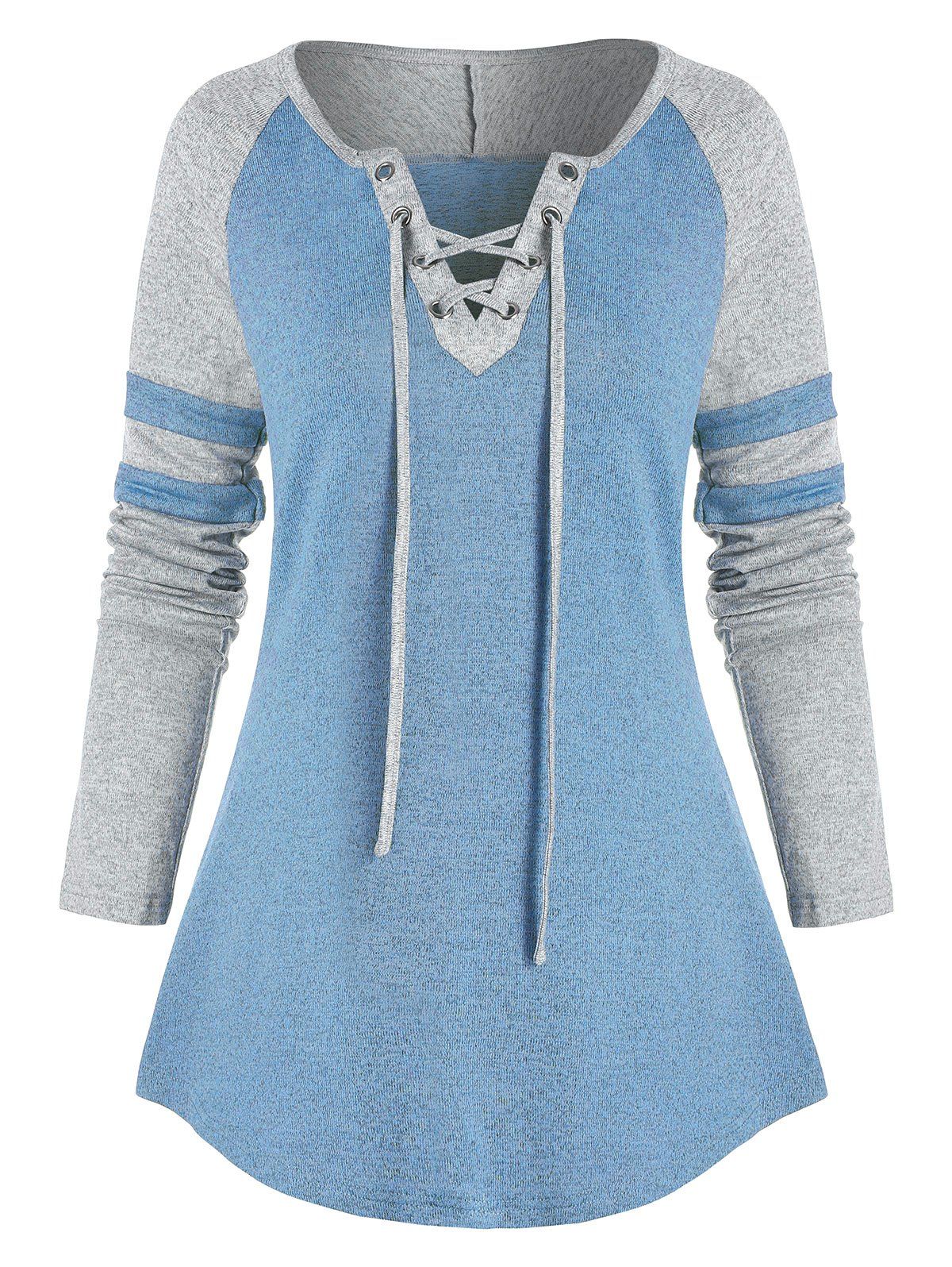 

Raglan Sleeve Lace-up Contrast T-shirt, Multi-b