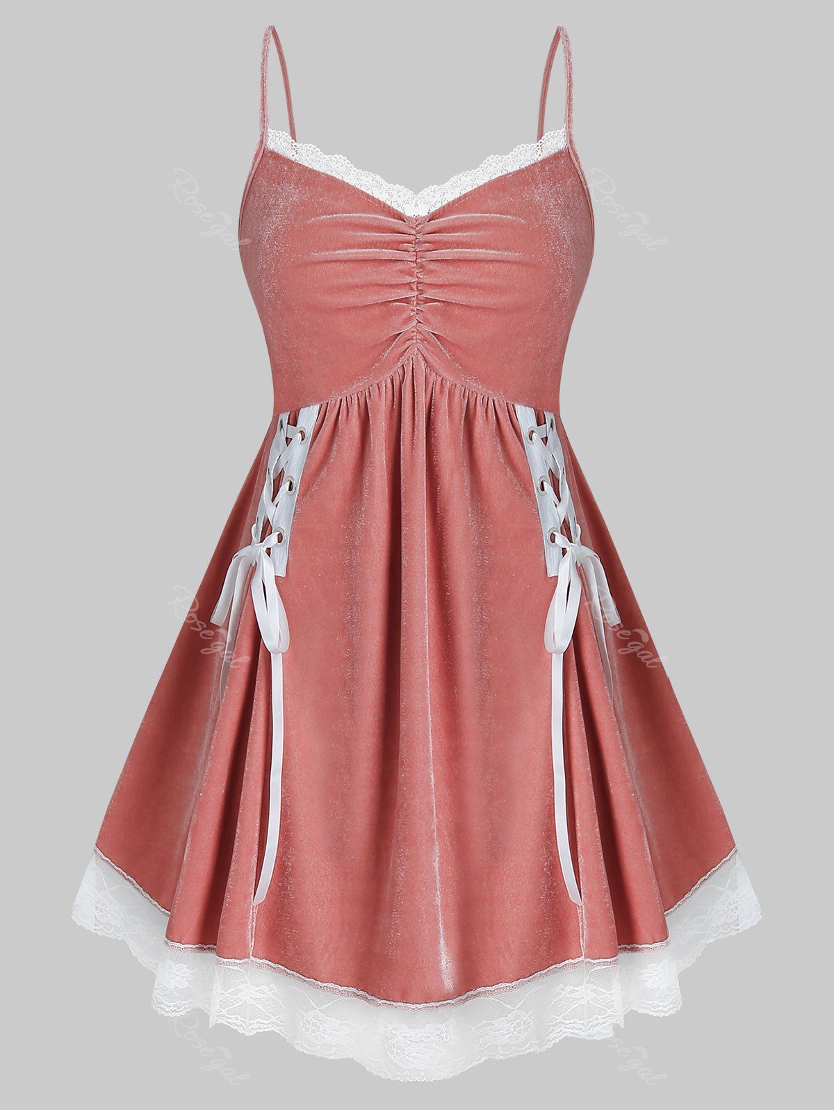 Plus Size Velvet Lace-up Lace Hem Lingerie Cami Dress