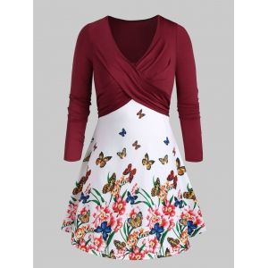 

Plus Size Flora Butterfly Print Front Twist Dress, Deep red