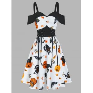 

Halloween Pumpkin Animal Print Cold Shoulder Midi A Line Dress, White
