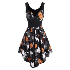 

Halloween Pumpkin Spider Web Print Retro Dress, Black