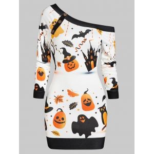 

Skew Neck Halloween Pumpkin Castle Print Bodycon Dress, White