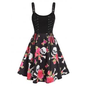 

Floral Skull Print Lace Up Mini Cami Dress, Multi a