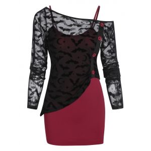 

Halloween Bat Pattern Asymmetrical Mesh Top and Cami Top, Red wine