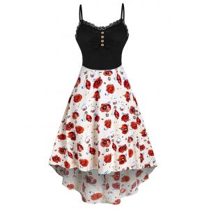 

Lace Button Knit Flower Printed Splicing Dress, Multi a