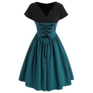 

Contrast Color V Neck Lace Up Smock Dress, Green
