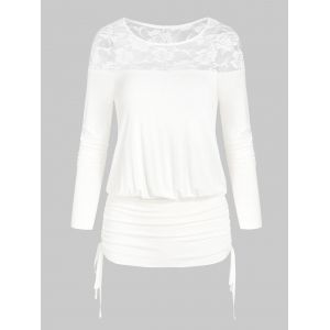 

Cinched Flower Lace Insert Blouson T-shirt, White