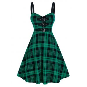 

Plus Size Plaid Print Buckle Zipper Flare Dress, Sea turtle green