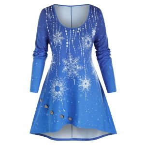 

Plus Size Snowflake Print Mock Button Tunic Tee, Blue