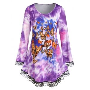 

Plus Size Tie Dye Butterfly Print Lace Hem Long Sleeve Tee, Purple