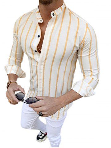Vertical Striped Stand Collar Longline Shirt - YELLOW - XXXL