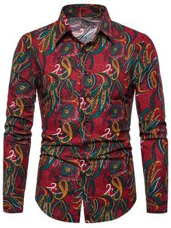 Seamless Paisley Print Turn-down Collar Casual Shirt - RED - XS