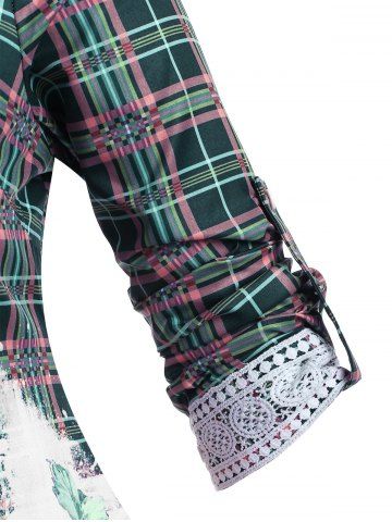 

Plus Size Plaid Flower Print Lace Insert Shirt, Multi