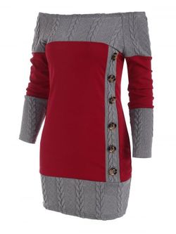 Cable Knit Combo Mock Button Sweater Dress - DEEP RED - L
