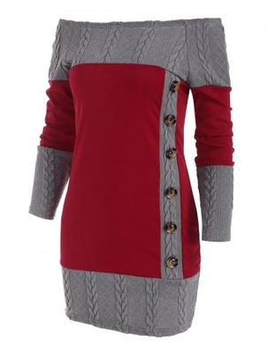 Cable Knit Combo Mock Button Sweater Dress