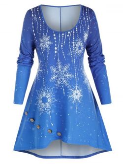 Plus Size Snowflake Print Mock Button Tunic Tee - BLUE - 4X