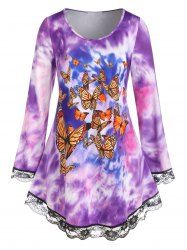 T-shirt Teinté Imprimé Papillon de Grande Taille Ourlet en Dentelle à Manches Longues - Pourpre  4X