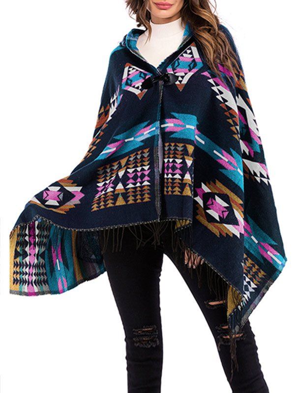 

Hooded Geo Horn Button Fringed Poncho, Midnight blue