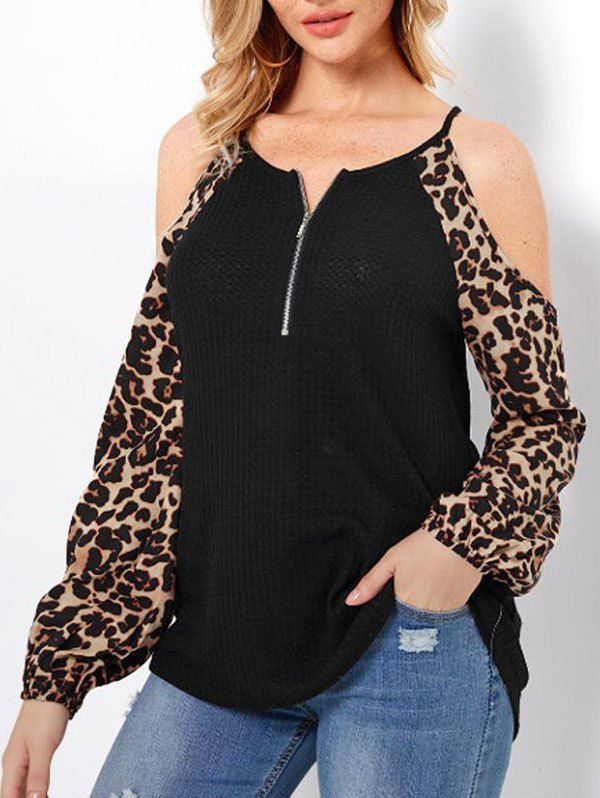 

Leopard Zip Front Open Shoulder Tee, Black