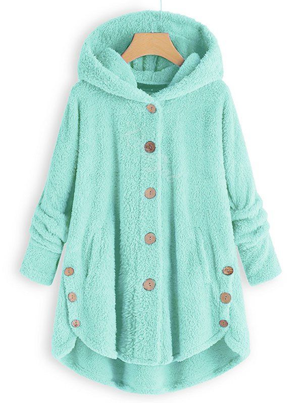 

Plus Size Faux Shearling Buttons Hooded Coat, Light green