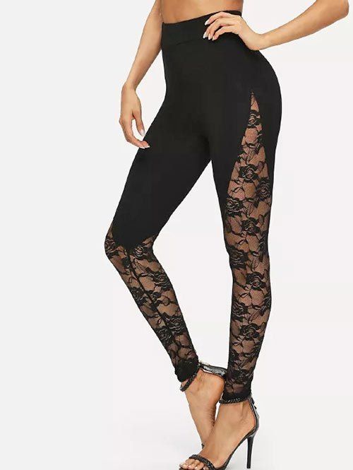 

Lace Insert Sheer High Rise Leggings, Black