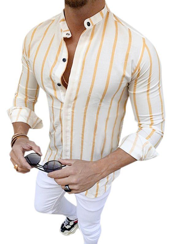 

Vertical Striped Stand Collar Longline Shirt, Yellow