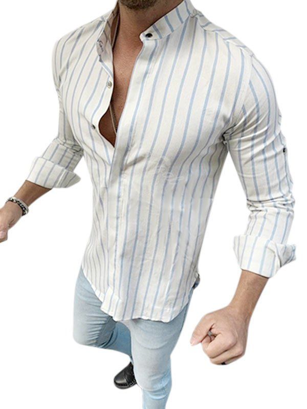 

Vertical Striped Stand Collar Longline Shirt, Light blue