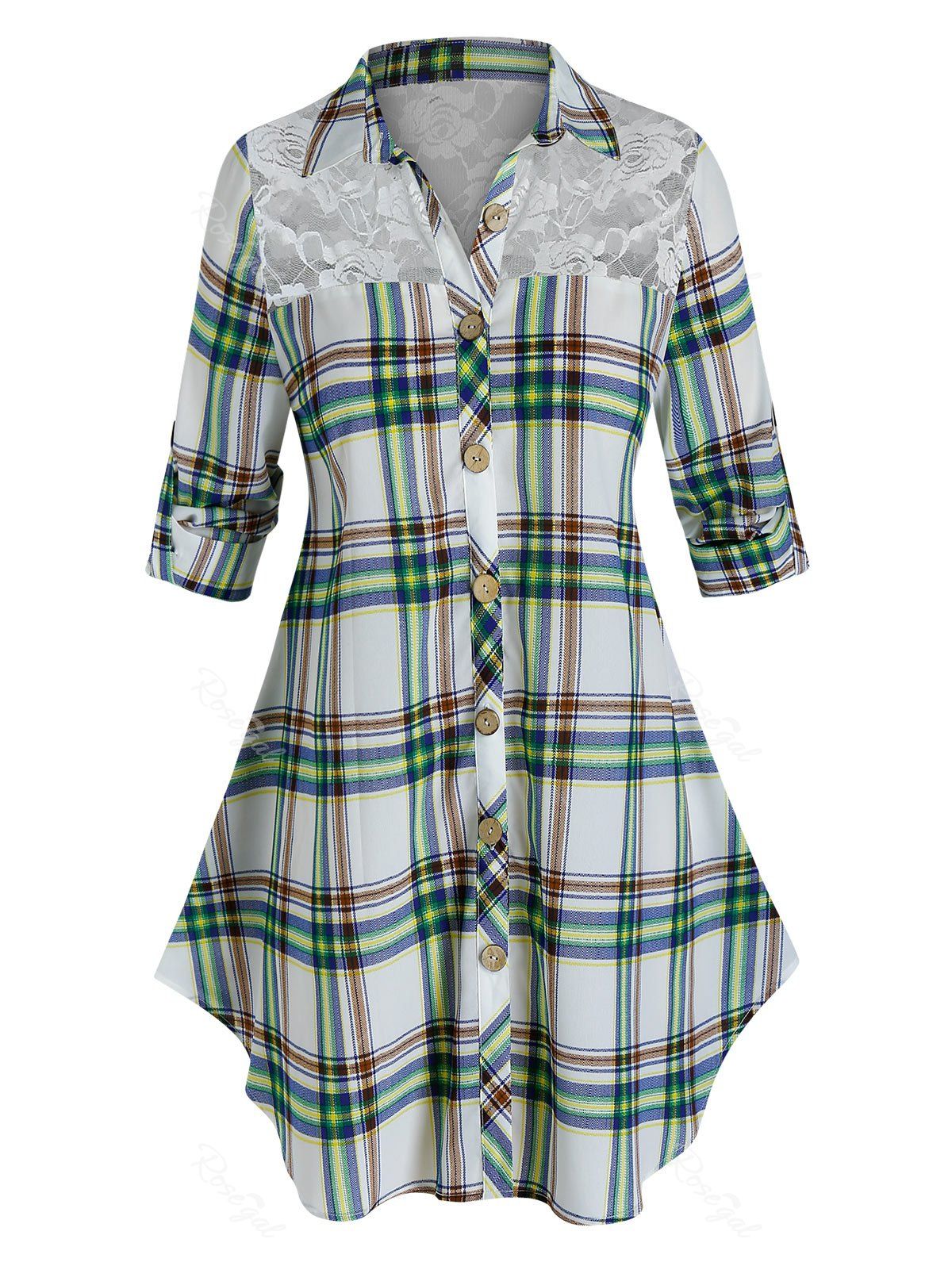 

Plus Size Lace Panel Button Plaid Blouse, Green