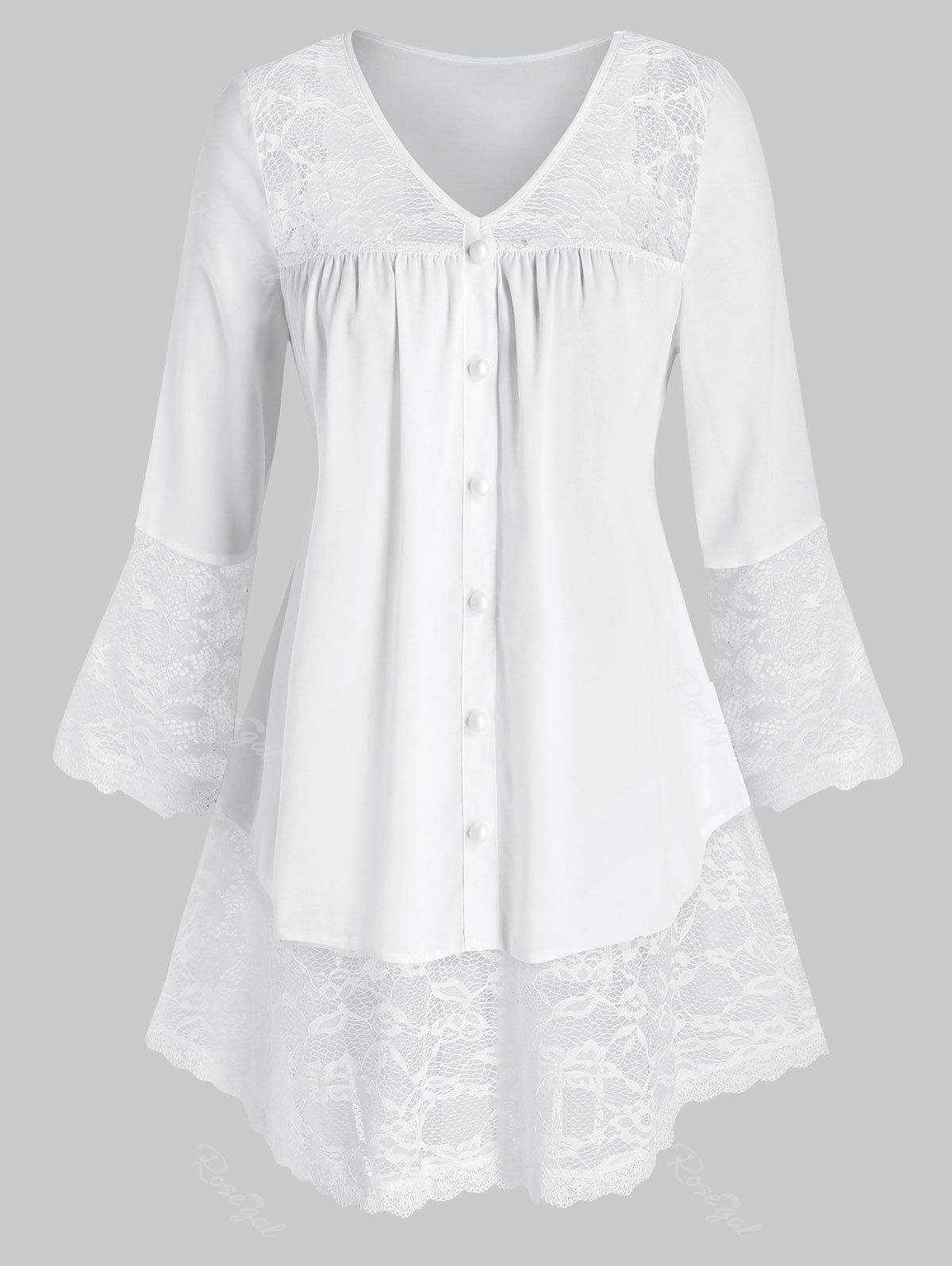 

Plus Size Button Lace Panel Flare Sleeve Blouse, White