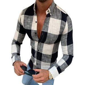 

Gingham Plaid Print Button Down Casual Shirt, Black