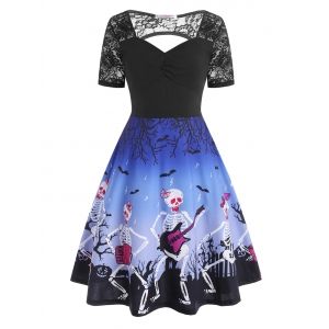 

Plus Size Halloween Cutout Skeleton Playing Guitar Dress, Blue