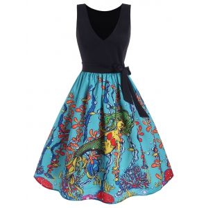 

Plunging Marine Mermaid Print Belted Dress, Multi