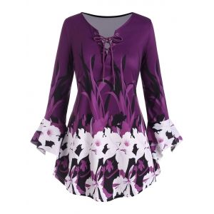 

Plus Size Floral Print Bell Sleeve Lace Up Top, Purple