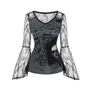 

Lace Panel Flare Sleeve Bat Skull Holloween Top, Black