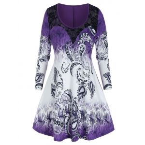 

Plus Size Paisley Gradient Print Lace Panel T Shirt, Purple iris