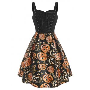 

Halloween Pumpkin Lace Up Sleeveless Dress, Orange