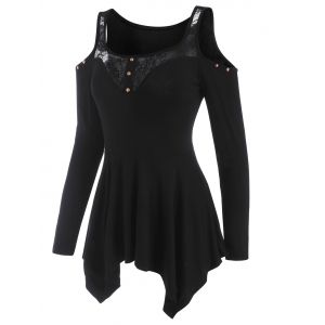 

Lace Insert Open Shoulder Handkerchief T Shirt, Black