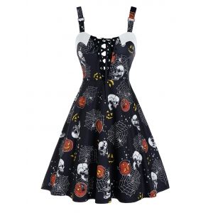 

Halloween Pumpkin Skull Print Lace Up Mini Cami Dress, Multi a