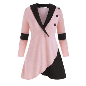 

Mock Buttons Heathered Colorblock Plus Size Knitwear, Light pink