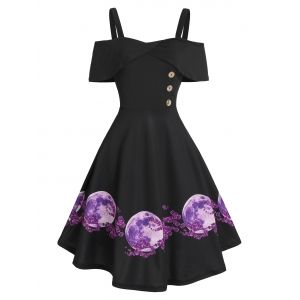 

Moon Floral Print Cold Shoulder High Waist A Line Dress, Black