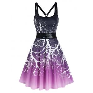 

Ombre Tree Print Dual Buckles Cami A Line Dress, Multi a