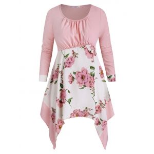 

Handkerchief Ruched Front Floral Plus Size Blouse, Light pink