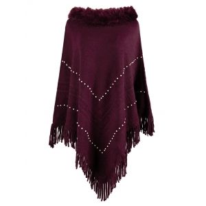 

Plus Size Beaded Faux Fur Fringed Poncho Sweater, Deep red
