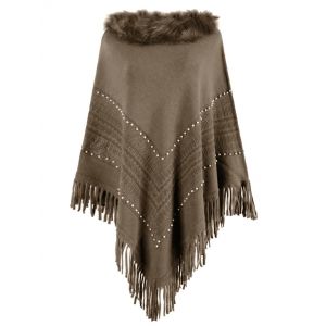 

Plus Size Beaded Faux Fur Fringed Poncho Sweater, Coffee